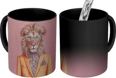 Magische Mok - Foto op Warmte Mokken - Koffiemok - Leeuw - Pak - Geruit - Bril - Magic Mok - Beker - 350 ML - Theemok