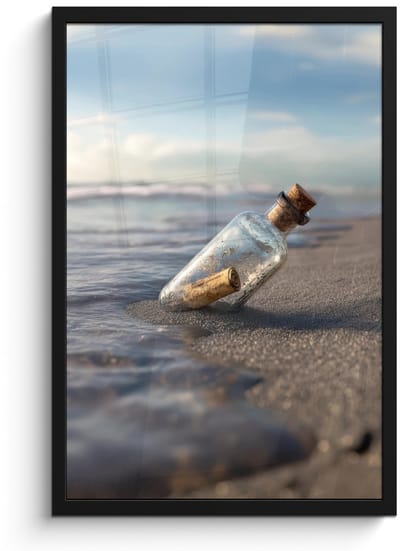 Poster in lijst - Fotolijst 40x60 cm - Posters - Glazenfles - Post - Zee - Zand - Posterlijst zwart - Decoratie - Wanddecoratie woonkamer - Muurdecoratie slaapkamer