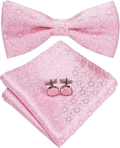 Sorprese Vlinderdas Set - Inclusief Pochet en Manchetknopen - 100% Zijde - Paisley Roze - Luxe Heren Accessoireset - Strik - Vlinderstrik
