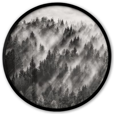 Poster in lijst Rond - Fotolijst 40x40 cm - Posters - Landschap - Mist - Bos - Natuur - Ronde posterlijst zwart - Decoratie - Wanddecoratie woonkamer - Muurdecoratie slaapkamer
