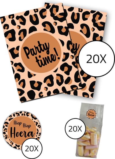 Uitnodiging kinderfeestje Compleet - Voordeelset 60 stuks : 20 uitnodigingskaarten + 20 uitdeelzakjes + 20 stickers - verjaardag feest - Luipaard - Kinderfeestjes