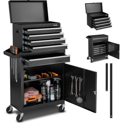 VEVOR Werkplaatswagen, 2-in-1 ontwerp, gereedschapswagen met 5 lades en uitneembare metalen gereedschapskist, afsluitbare stang, beschermende voering en gereedschapsrek, garage-organizer voor opslag, werkplaats