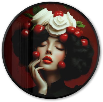 Poster in lijst Rond - Fotolijst 60x60 cm - Posters - Vrouw - Kersen - Slagroom - Ronde posterlijst zwart - Decoratie - Wanddecoratie woonkamer - Muurdecoratie slaapkamer