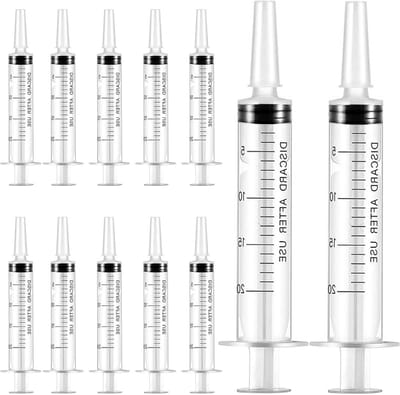 Set van 12 Steriele Spuiten 20ml met Deksel, Plastic Spuiten zonder Naald voor Laboratorium, Dierlijke Voeding en Plantenirrigatie