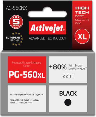 Activejet AC-560NX printerinkt voor Brother, vervanging Canon PG-560XL; Supreme; 22 ml; zwart