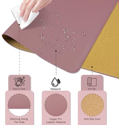 Grote antislip bureauonderlegger 90 x 43 cm - Waterdichte schrijfbureau mat van PU-leer en natuurkurk - Bureaubeschermer voor kantoor en thuis in paars-roze
