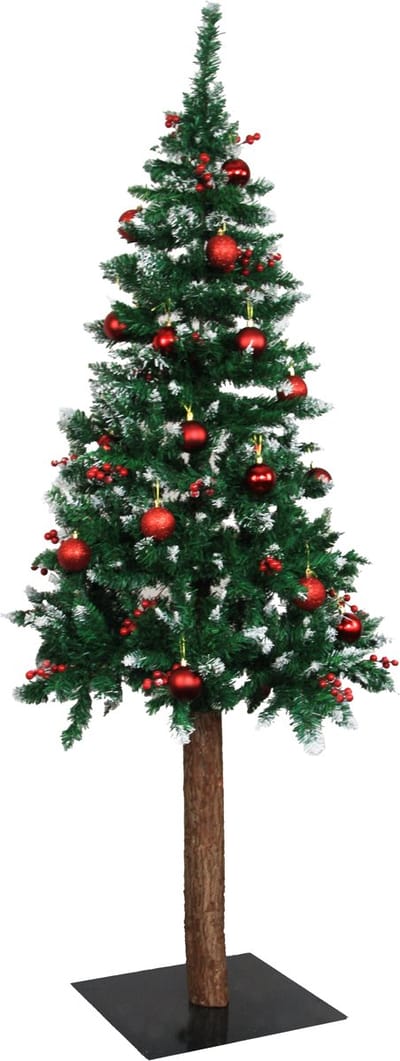 Viking Choice Kunstkerstboom 180 cm - Besneeuwd - Rode kerstballen - Kunstbesjes - Houten stam en jute voet