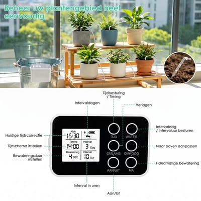 Dreamhigh® Automatische Irrigatie – Bewateringssysteem voor de Tuin met Automatische timer – 20 Druppelaars & 15 m Slang – 2000 mAh - Accu – Oplaadbaar Model