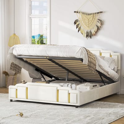 HAUSS SPOLE Gestoffeerd Bed 160x200 cm - Tweepersoonsbed Met Led En Opbergruimte - Zonder Matras - Fluweel - Beige