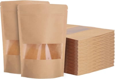 200 Stuks Papieren Tassen met Venster, 14 x 20 cm, Kraft Papieren Standtassen voor Noten en Voedsel