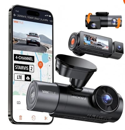 Vantrue N5S 4-Kanaals 360 Graden WiFi Dashcam, STARVIS 2, IR Nachtzicht, 2.7K+1080P*2+1440P Voorste/Achterste Binnencamera, Spraakbediening, GPS, 24 Uur Parkeerstand