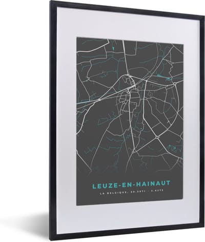 Fotolijst incl. Poster - België – Leuze en Hainhaut – Stadskaart – Kaart – Blauw – Plattegrond - 30x40 cm - Posterlijst