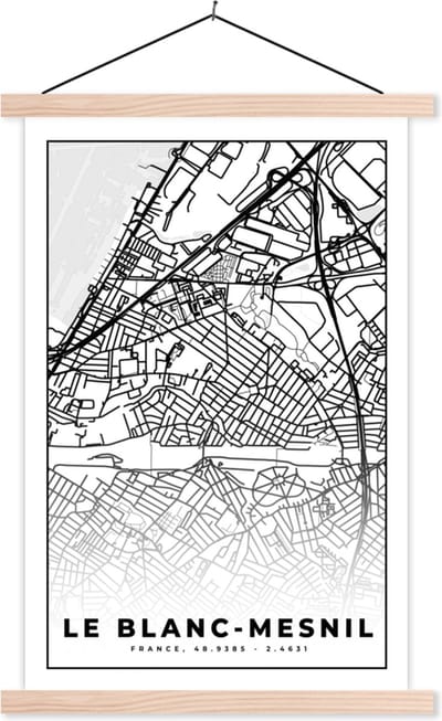 Posterhanger incl. Poster 40x60 cm - Schoolplaat - Plattegrond - Kaart - Frankrijk - Stadskaart - Le Blanc-Mesnil - Zwart wit - Textielposter - Blanke latten - Stadskaart