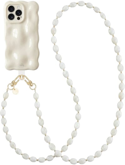 xoxo Wildhearts Bubbly case Cloud Dancer - Ocean Sand Cord (lang) - Geschikt voor iPhone 16 Pro Max - Hoesje met bobbeltjes inclusief telefoonkoord - Krullende golfvorm - schokbestendig - Telefoonhoesje met koord - Koord ook afneembaar - Beige