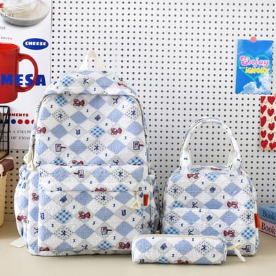 Rugzak Set Drie-delige - Blauw-Wit Grijze Ruitpatroon - Laptop Rugzak + Lunchbox + Pennenkoker - Nylon Materiaal - 42×30×14cm (Rugzak)