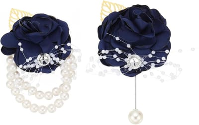 Polsbloem Corsage - Bruidsmeisje Bloem - Feestelijke Decoratie - Met Lint Verstelbaar - 10.5 x 7 cm - Donkerblauw