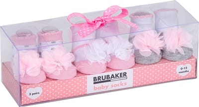 BRUBAKER 3 paar babysokken jongens meisjes 0-12 maanden - ruches stippen bloemen strepen - pasgeboren cadeauset voor baby's - katoen
