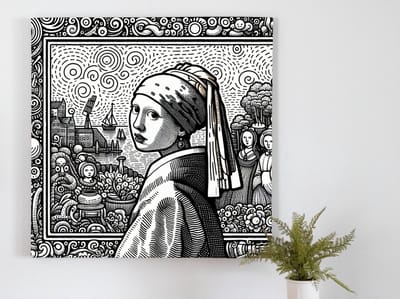 Doodle vermeer schilderij | Vermeer's Dazzling Doodles: A Masterpiece of Artistic Inspiration | Kunst - 20x20 centimeter op Dibond | Foto op Dibond
