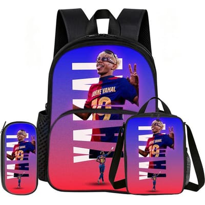 Leer, Reis Voetbalster Schooltas L-Lamin Yamal 3 Delige set met Voorvak Rugzak Lunchtas, Etui, Sport Rugzak