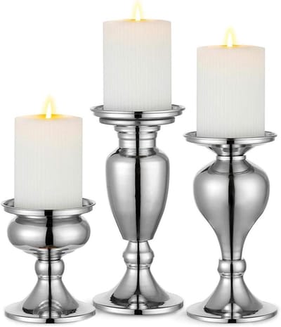 Allecta - Metalen kandelaar set van 3, vintage kaarsenstandaard voor pijlerkaarsen, zilveren centerpieces - decoratief voor tafel mantel open haard.