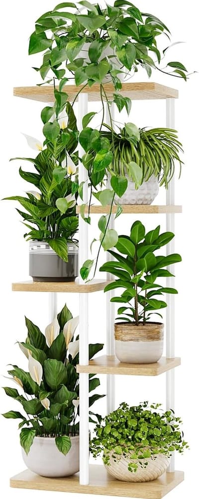 Sierra, Plantenstandaard voor binnen, 5 lagen, metalen plantenplanken, witte plantenhouder, groot plantenrek voor meerdere planten in potten, geschikt voor patio, tuin, hoek, balkon en woonkamer