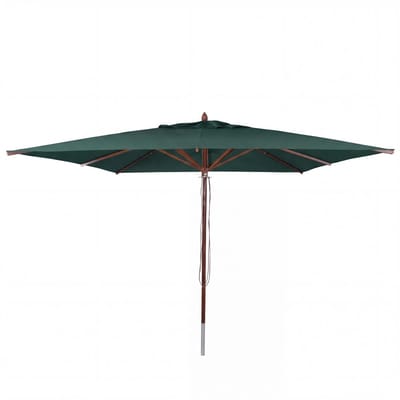 Horeca-parasol van hout MCW-C57b, tuinparasol, polyester/hout 29 kg, vierkant 4x4 m, met trekkoord, schokbestendig ~ donkergroen