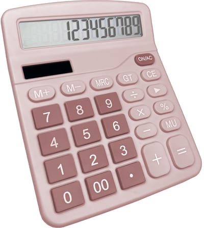 Crrynuo - Bureaurekenmachine (Roze) - 12-Cijferig Groot LCD-Scherm - Dubbele Voeding (Zonnegist + AA-Batterijen) - Grote Knoppen - Automatisch Uitschakelen