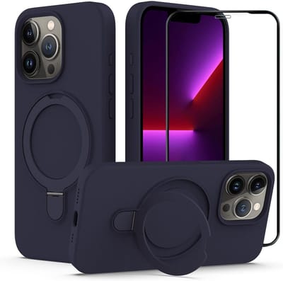 Siliconen hoesje Kickstand met Fullcover Glasplaatje - Schokbestendig MagSafe case Geschikt voor: iPhone 16 Pro Max - Blauw