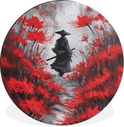 WallCircle - Wandcirkel - Muurcirkel - Rode bloemen - mistig - Man - Aluminium - Dibond - 30x30 cm - Binnen en Buiten