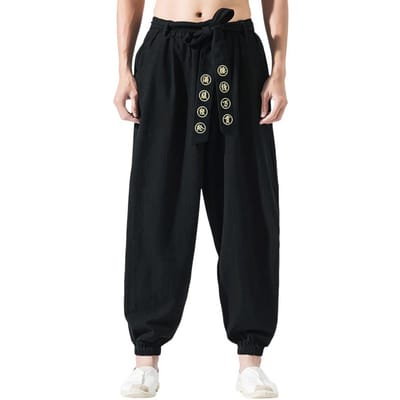 Heren Harembroek Riem Elastische Taille Retro Chinese Stijl Borduurwerk Losse Geplooide Effen Kleur Enkelband Lange Broek M zwart