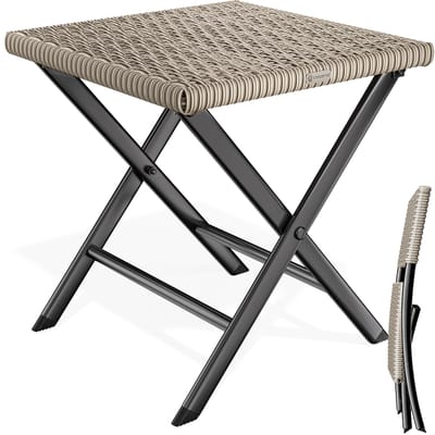Opvouwbare kruk van polyrotan, crème, 3-in-1, draagvermogen 120 kg, 43 x 40 x 44 cm, opvouwbaar, licht en draagbaar, weerbestendig voor buiten