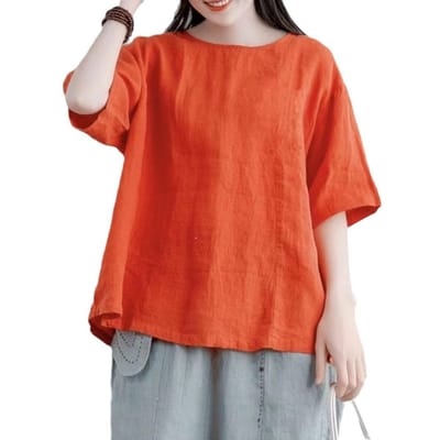 Literaire Katoen en Linnen Casual Dames Zomer Nieuw Grote Maat Moeder Los Eenvoudig Korte Mouwen Retro Top T-shirt 4XL red
