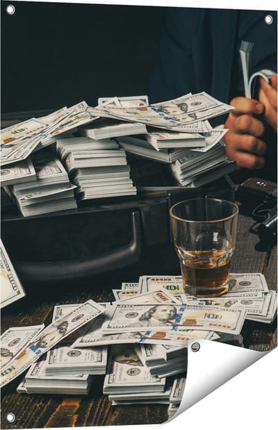 Gards Tuinposter Dollar Geld Briefjes op Tafel van de Maffia - 60x80 cm - Tuindoek - Tuindecoratie - Wanddecoratie buiten - Tuinschilderij