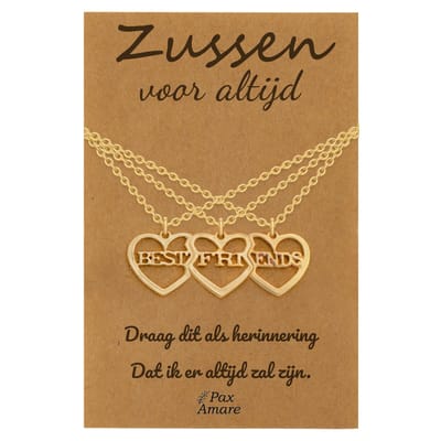 BFF Ketting voor 3 'Zussen voor altijd' - 3 hartjes - Best Friends - Vriendschapsketting op Cadeau Kaartje - 45cm + 5cm verstelbaar - Goudkleurig - Sisters Hanger - Pax Amare