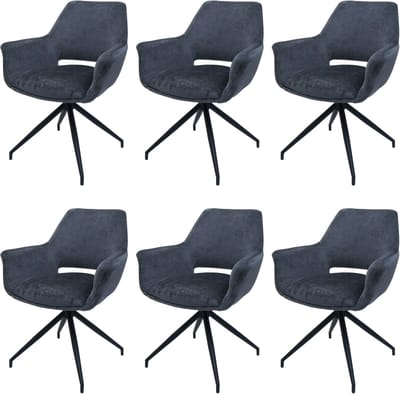 Set van 6 eetkamerstoelen MCW-M53, keukenstoel Stoel met armleuning, draaibare autostand, metaal stof MVG ~ donkergrijs