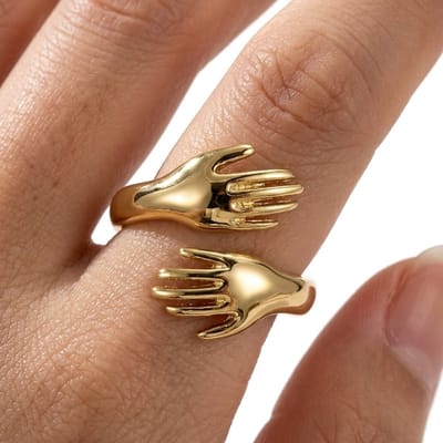 Goudkleurige ring dames aanschuifring open ring handen omhelzing ring verstelbare vriendschapsring minimalistische statement ring sieraden