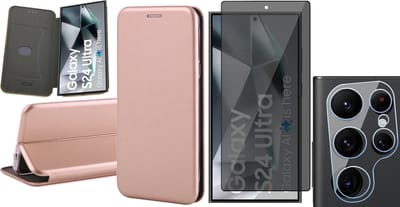 Hoesje geschikt voor Samsung Galaxy S24 Ultra - Privacy Screenprotector Volledig Dekkend Glas & Camera - Wallet Book Case Rosegoud
