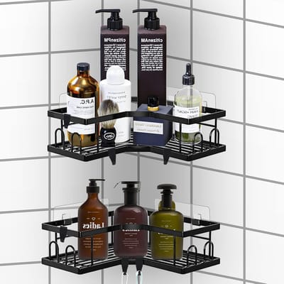 Hoekrek voor de Douche zonder Boren, 2 Stuks Rvs Opbergmand met Haken, Ideaal voor Badkamer en Keuken, Zelfklevend en Ruimtebesparend