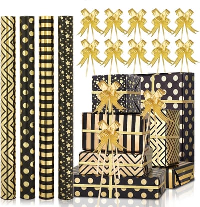 Set van 4 Rollen Metallic Cadeaupapier 43cm x 3m voor Verjaardagen, Bruiloften en Kerstmis met 10 Stuks Lint, Perfect voor Geschenken en Feestelijke Gelegenheden