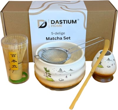 Dastium Home Matcha - Matcha Set - 5 delige set met matcha klopper, matcha kom, lepel, whisk houder en zeef - Matchaset - Matcha Starterkit - Matcha Theeset - Matcha Kom - Wit Met Tekening