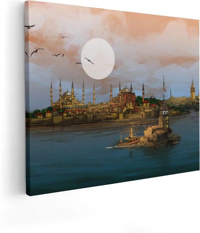 Artaza Canvas Schilderij Skyline - 50x40 cm - Wanddecoratie Zonsondergang - Muurdecoratie Istanbul - Kamer Accessoires Boot