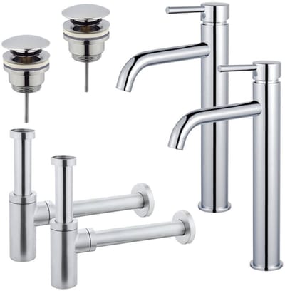 FugaFlow Eccelente Sobrado Badkamer Wastafelkraanset - voor dubbele wastafel - verhoogde wastafelkraan - klikwaste plug - design sifon - Chroom