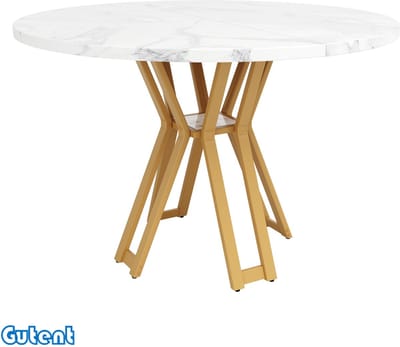 Gutent Ronde eettafel (100 x 100 x 76 cm) - MDF tafelblad - Gouden poten - Marmer - Wit
