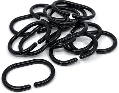 AquaVive douchegordijnringen zwart – Set van 12 – Ovale ringen 29 x 49 mm – Kunststof