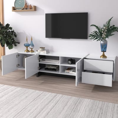 Modern TV-Lowboard 190x35x45 cm – Hoogglans Wit & Zwarte Poten, Kast met Lades en Deuren met Planken, Eenvoudig Lijnontwerp