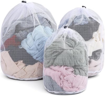 Set van 3 waszakken voor wasmachine, mesh wasnetten met trekkoord, beschermt kleding tegen vervorming en slijtage, maten 30 x 40, 40 x 50, 50 x 60 cm