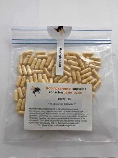 Honingland: Koninginnegelei capsules, Capsules gelée Royale, Natuurlijke energie uit de Bijenkorf ! 100 stuks