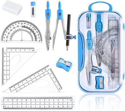Geometrische Compas Set voor Wiskunde met Liniaal, Potloodnavullingen en Gum - Ideaal voor Studenten en Scholen, Inclusief Schokbestendige Opbergdoos.