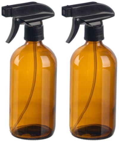 Plantenspuit - Spuitfles - Set van 2 - Glazen Plantenspuit - Rond - Luxe Waterverstuiver met Zwarte Spraykop - 500ml - 7.4 x 9.5 x 21.2 cm - Bruin-Zwart