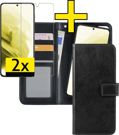 Hoesje - 2 in 1 - Geschikt voor Samsung Galaxy S21 - Met 2x Screenprotector - En Uitneembare Hard Cover - Bookcase - Wallet Case - Met Pasjeshouder - Book Case - Uitneembaar - Pashouder - Kunstleer - Telefoonhoesjes - Zwart